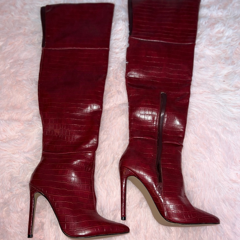 Red alligator print boots